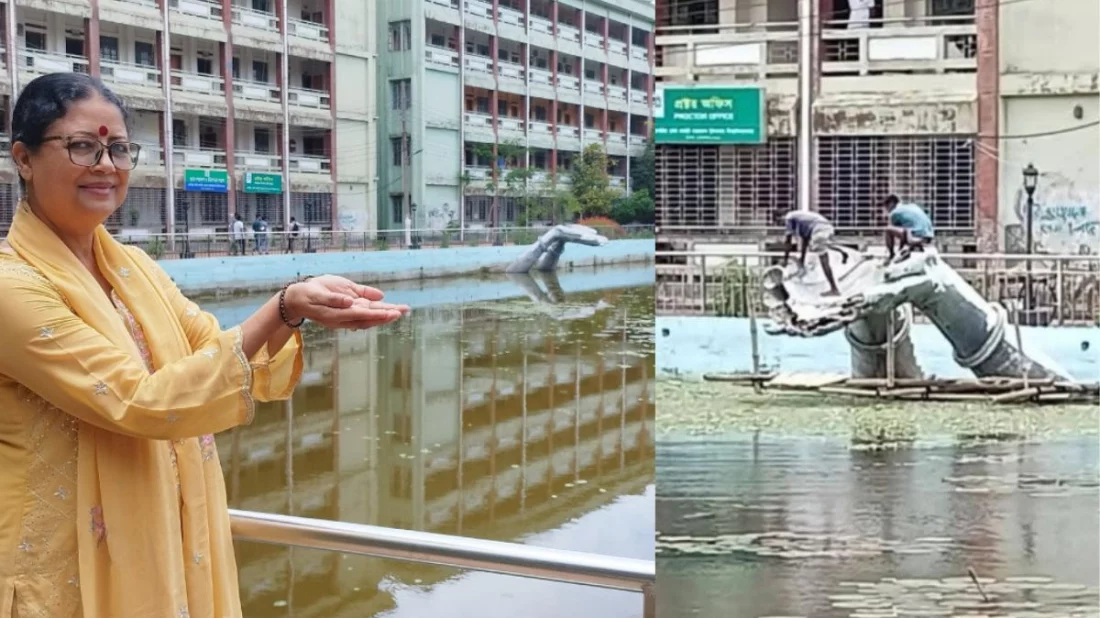 ভেঙে ফেলা হচ্ছে মুনমুনের হাতের মুদ্রা অবয়বে নির্মিত ভাস্কর্য
